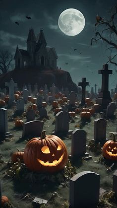 a cemetery with carved pumpkins in front of a full moon