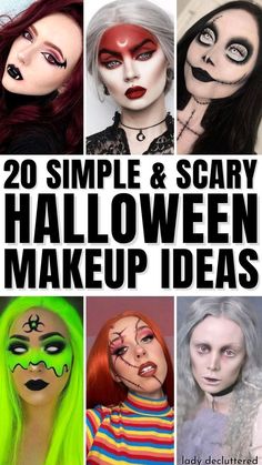 Makeup Only Costumes, Easy Womens Halloween Makeup, Scary Face Makeup Halloween Ideas, Easy Scary Makeup Looks, Easy Spooky Costumes, East Halloween Makeup Ideas, Spooky Halloween Makeup Scary, Halloween Scary Costumes Women, Scary Last Minute Halloween Costumes