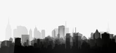 black and white cityscape with skyscrapers in the foggy sky, silhouetted against a light gray background