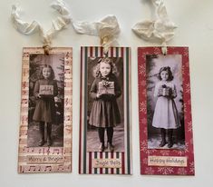 Here is a set of 3 of my handmade vintage style bookmarks. Each one measures 2-1/4 x 5-1/2 inches, not including the ribbons. I have covered the backs with coordinating papers. Use in your journals, favorite books, as stocking stuffers and more. Cadeau Diy, December Daily, Christmas Tag, Christmas Girl, Jingle Bells, Book Accessories, Merry And Bright, Happy Holidays, Stocking Stuffers