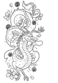 a black and white drawing of a dragon with flowers on it's back side