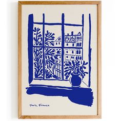 a blue and white drawing of a window sill with plants in the foreground