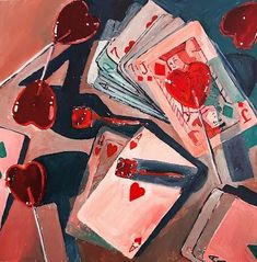 an oil painting of playing cards with hearts on them and one broken in the middle