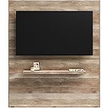 a flat screen tv mounted to the side of a wall next to a wooden shelf