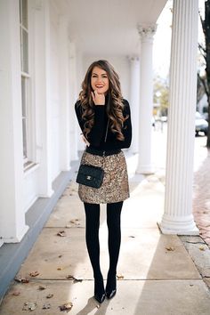 Woman Holiday Outfit, Sparkly Skirt Outfit New Years, Business Casual Outfits For Women Winter Holiday Party, Holiday Dressy Outfits, Sequin Skirt Christmas Outfit, Casual Office Party Outfit Winter, Holiday Sequin Outfit, Dressy Casual Outfits Winter Party, Coated Jeans Outfit Evening