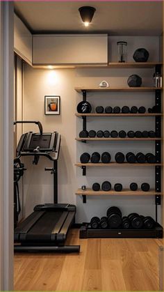 a home gym with treadmills, exercise equipment and shelves full of dumbbells