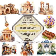 an image of watercolor painting with different types of architecture and things to see on it