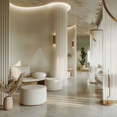 the interior of a modern hotel lobby with white walls and flooring, large circular seating area