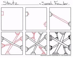 four different views of the same structure with red lines on each side and one line at the