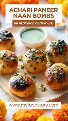 some food on a white plate with green sauce in the middle and an ad for myfoodstory com