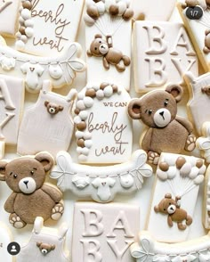 baby shower cookies with teddy bears on them and congratulations messages in the shape of letters