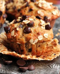 chocolate chip muffins stacked on top of each other