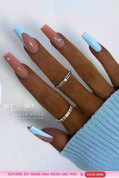 Cute Blue Square Nails, Square Nails Ideas Blue, Acrylic Nails Square Blue, Blue And Nude Nail Designs, Nails Ballerina Summer, Blue Inspired Nails, Powder Blue Nails Designs, Stylish Nails Blue, Sky Blue Nails Acrylic