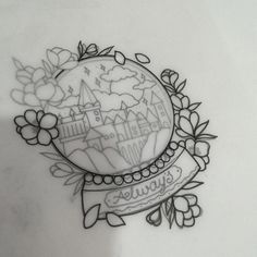 a drawing of a castle in the middle of a circle with flowers and leaves around it