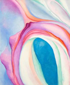 an abstract painting with blue, pink and white colors