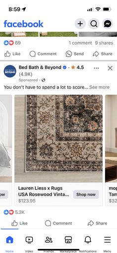 the facebook page for bed bath and beyond shows images of beds, rugs and pillows