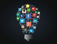 a light bulb made up of social media icons on a dark background with the words social media written below it