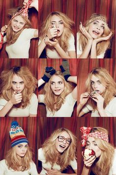 black and white photograph of woman in various poses with headbands on her head