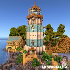 Minecraft Survival Beach House, Light House Minecraft Easy, Beacon Designs Minecraft, Minecraft Lighthouse Design, Lighthouse In Minecraft, Minecraft Island House Ideas, Minecraft House With Dock, Minecraft Lighthouse Interior, Minecraft Dock Ideas Aesthetic