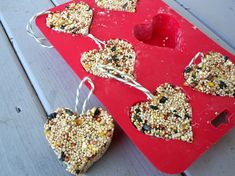 heart shaped bird feeders are sitting on a red tray