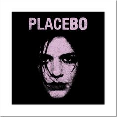 a black and white photo with the words placebo on it's face, in front of a dark background