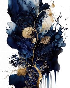 an artistic painting with blue and gold paint on it's side, including leaves