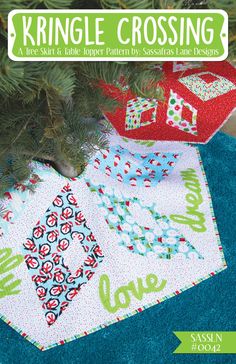 the front cover of a quilt book, featuring an image of a christmas tree with presents on it