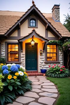 a house with flowers in front of it and a lamp on the side of the door