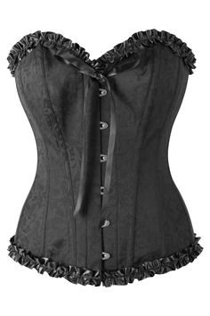 This stunningly simple black overbust is the perfect corset to celebrate your love of Gothic and Steampunk style. Fetching ruffles along the bustline and across the hem add a touch of femininity and all this is topped off with a pretty black bow at the centre of the bustline. Pair it up with a pair of jeans or a long flowing skirt depending on your preference and the style you wish to create. The pattern on the corset shimmers in low light and the lightweight steel bones (coupled with the soft l Barbie Corset, Long Ruffle Skirt, Long Flowing Skirts, Sweetheart Corset, Corset Design, Frill Top, Compression Wear, Black Corset Top, Steampunk Corset