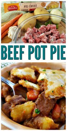 homemade beef pot pie recipe with potatoes and carrots on the side in a bowl