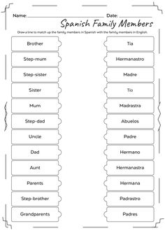 spanish family members worksheet with the names and numbers for each child's name