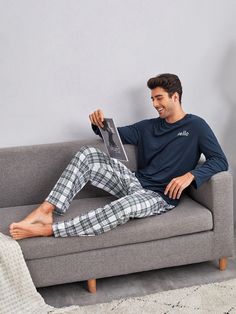 Multicolor Casual  Long Sleeve Polyester Letter Plaid Pajama Sets  Medium Stretch  Men Underwear & Loungewear Men Boxers Photoshoot, Boys Pajama Pants, Mens Body, Men Art, Men Boxers, Sleep Pants