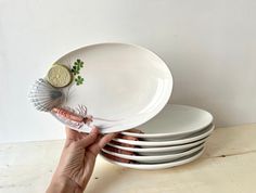 a hand holding a plate with five plates stacked on top of it