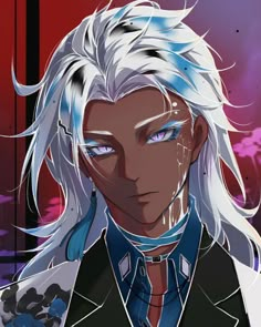 an anime character with white hair and blue eyes, standing in front of a red background