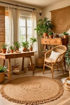 a living room filled with lots of potted plants next to a wooden table and chair