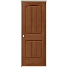 a wooden door with two side panels on the top and bottom, in dark brown