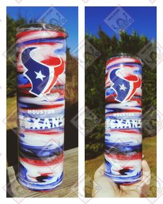 two pictures of a can with the word houston on it and an image of a football helmet