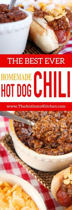 homemade hot dog chili recipe with game day meats in the background and text overlay