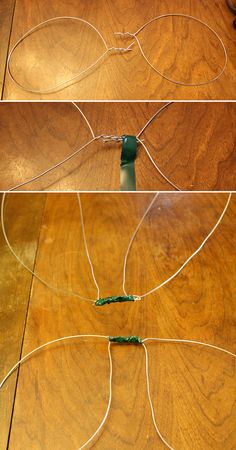 three pictures showing the process of making a necklace with green beads and wires on it