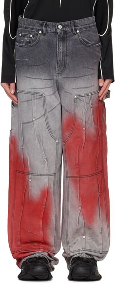 Find KUSIKOHC Gray & Red Workwear Multi Rivet Jeans on Editorialist. Non-stretch denim jeans. Fading and distressing throughout. · Twisted belt loops · Five-pocket styling · Zip fly · Reinforced panels at front with pleats and rivets · Hammer loop and patch pockets at outseams · Logo patch at back waistband Supplier color: Grey printed red Ragged Priest Jeans, Destroyed Denim, Designer Menswear, Mens Designer Fashion, Red Pants, Jean Grey, Romeo And Juliet, Baggy Jeans, Distressed Denim