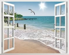 an open window overlooking the ocean with seagulls flying over it