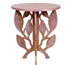 a small wooden table with leaves on it's legs and a circular top, sitting against a white background