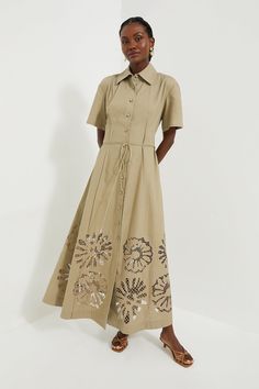 Pale Olive Green Annalise Shirt Dress Luxury V-neck Puff Sleeve Dress With Elastic Sleeves, Bespoke Dress, Timeless Silhouettes, Embroidery Clothes, 2024 Family, Classic Dresses, Embroidered Hem, Beige Dress, Plus And Minus