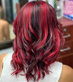 Black Hair With Bright Red Highlights, Red Highlights On Black Hair Black Women, Short Curly Hair Red Highlights, Bright Red Highlights On Dark Hair, Red Highlights On Dark Hair Short, Red Tipped Hair, Red Hair Highlights On Black Hair, Red Hilights In Brown Hair, Red Hair Black Highlights