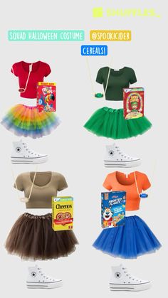 some different types of clothes and shoes on display in front of a white background with text that reads, souad halloween costume @ spookider