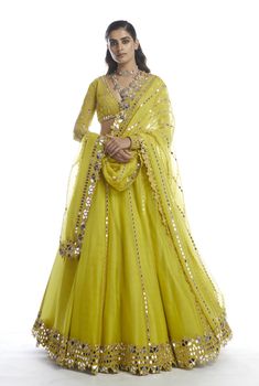 Vvani By Vani Vats-Moss Green Lehenga Set-INDIASPOPUP.COM Mirror Blouse, Vani Vats, Mirror Work Lehenga, Lehenga Dupatta, Mirror Work Blouse, Organza Lehenga, Purple Mirror, Organza Blouse, Green Lehenga