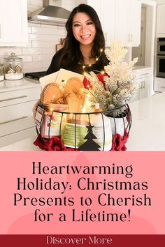 a woman holding a basket full of christmas presents in the kitchen with text overlay