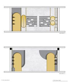 two views of the inside and outside of a building, with yellow doors on each side