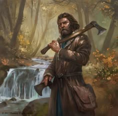 a painting of a man with an ax in his hand near a river and waterfall