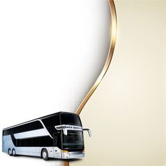 a black and white bus with a gold stripe around it's side on a beige background